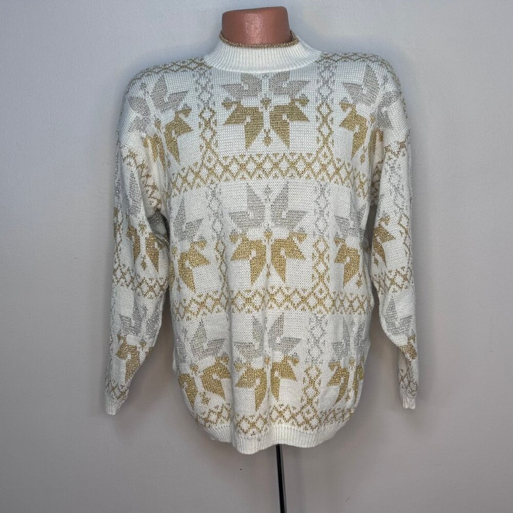 Vintage 1990s Silver and Gold Metallic Snowflake Sweater, Rose Size Medium-Large